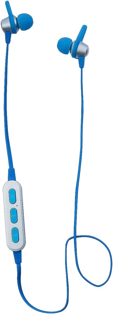 Close-up of the Toshiba RZE-BT110E blue wireless earphone, showing the earbud and the cable leading to the inline remote.