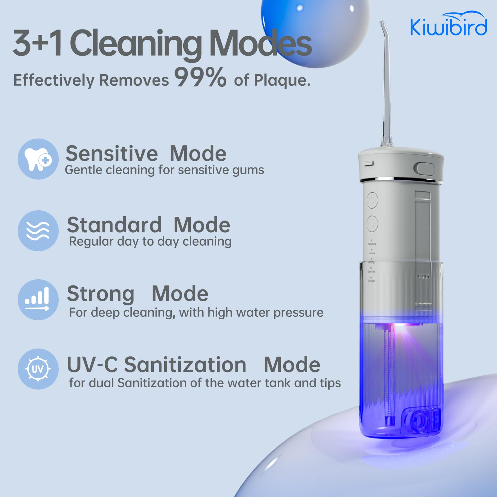 KIWIBIRD Mini idropulsore da viaggio, irrigatore orale senza fili ultraportatile con luce UVC, impermeabile IPX8, 3 modalità, 230 ml, detergente per i denti per la cura di pietre tonsillari e