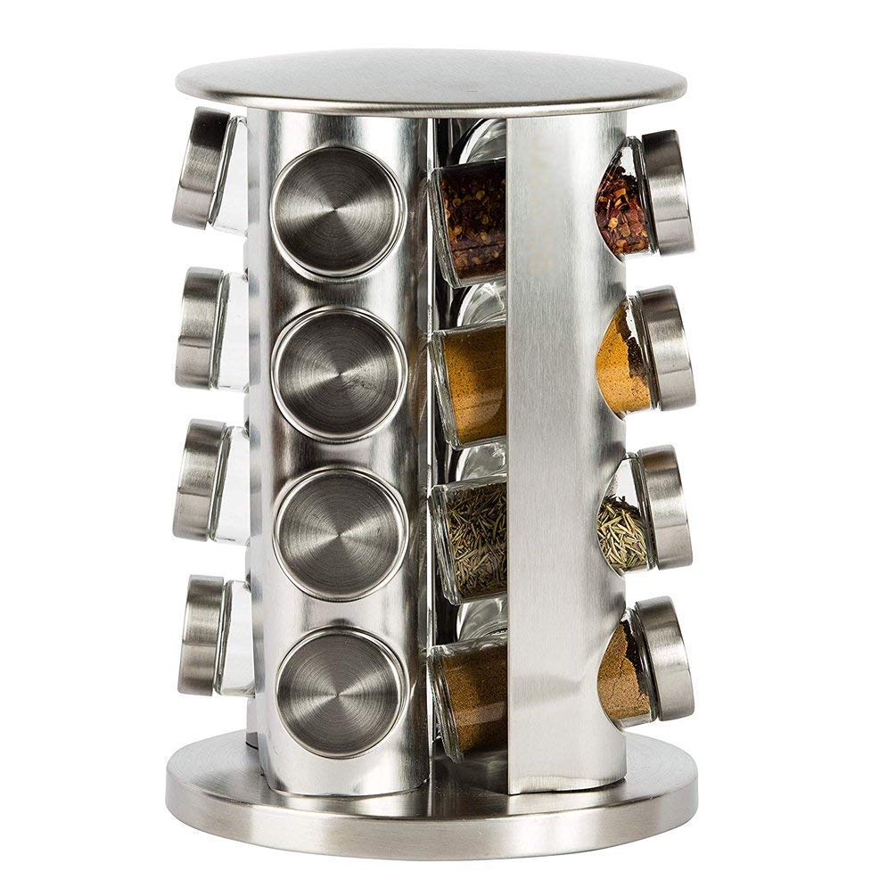 A.D.FRESH spice rack Revolving Counter top Organizer, Seasoning Spice Carousel Set Stainless Steel Stand Storage Holder Glass Bottle Namak Dani for Kitchen Restaurant Hotel, Corner Shelf
