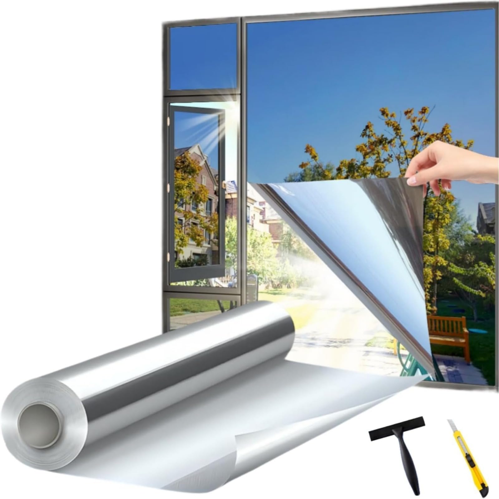 Film Miroir pour fenetre 40 * 200cm Anti UV Anti Regard avec Kit de Pose Film occultant Fenêtre Bon Effet Miroir Protection de la Vie privée pour Maison Bureau Magasin