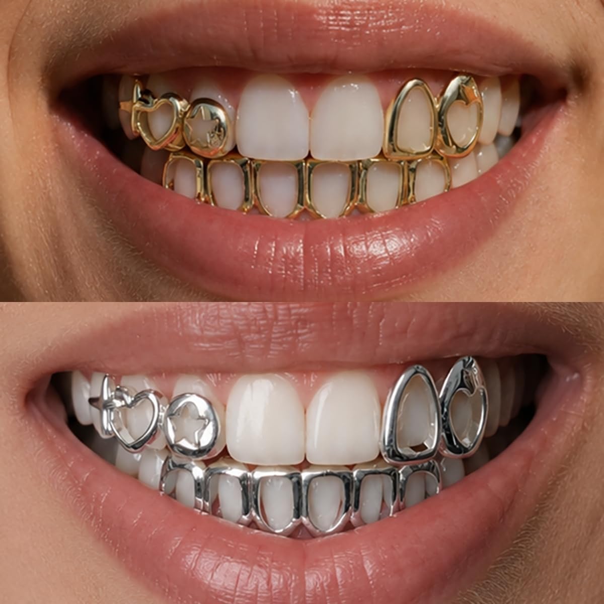 Hip Hop 18K Gold Plated & Silver Plated Brass Grillz for Your Teeth Men Women, Iced Out Zirconia Diamond Grillz Removable Adult Party Bling Tooth Grill Set with Case & Gel - 6 Styles Available