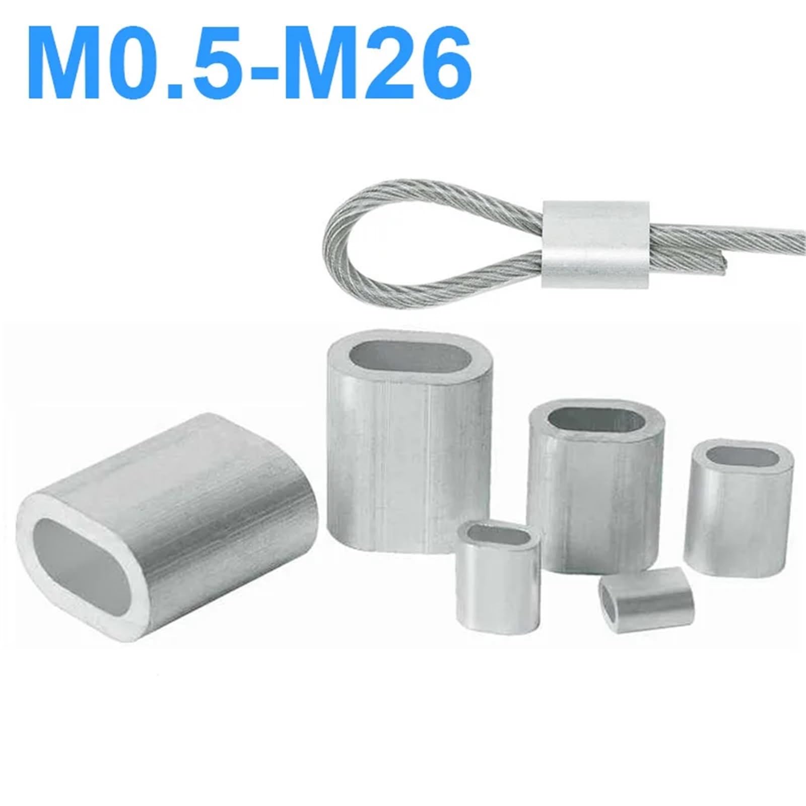 Manicotto ad anello a crimpare in alluminio, Clip di fissaggio for cavo ovale con puntali in alluminio manicotto a crimpare for fune metallica in acciaio Confezione da M0.5 a M26(M26 1Pcs)