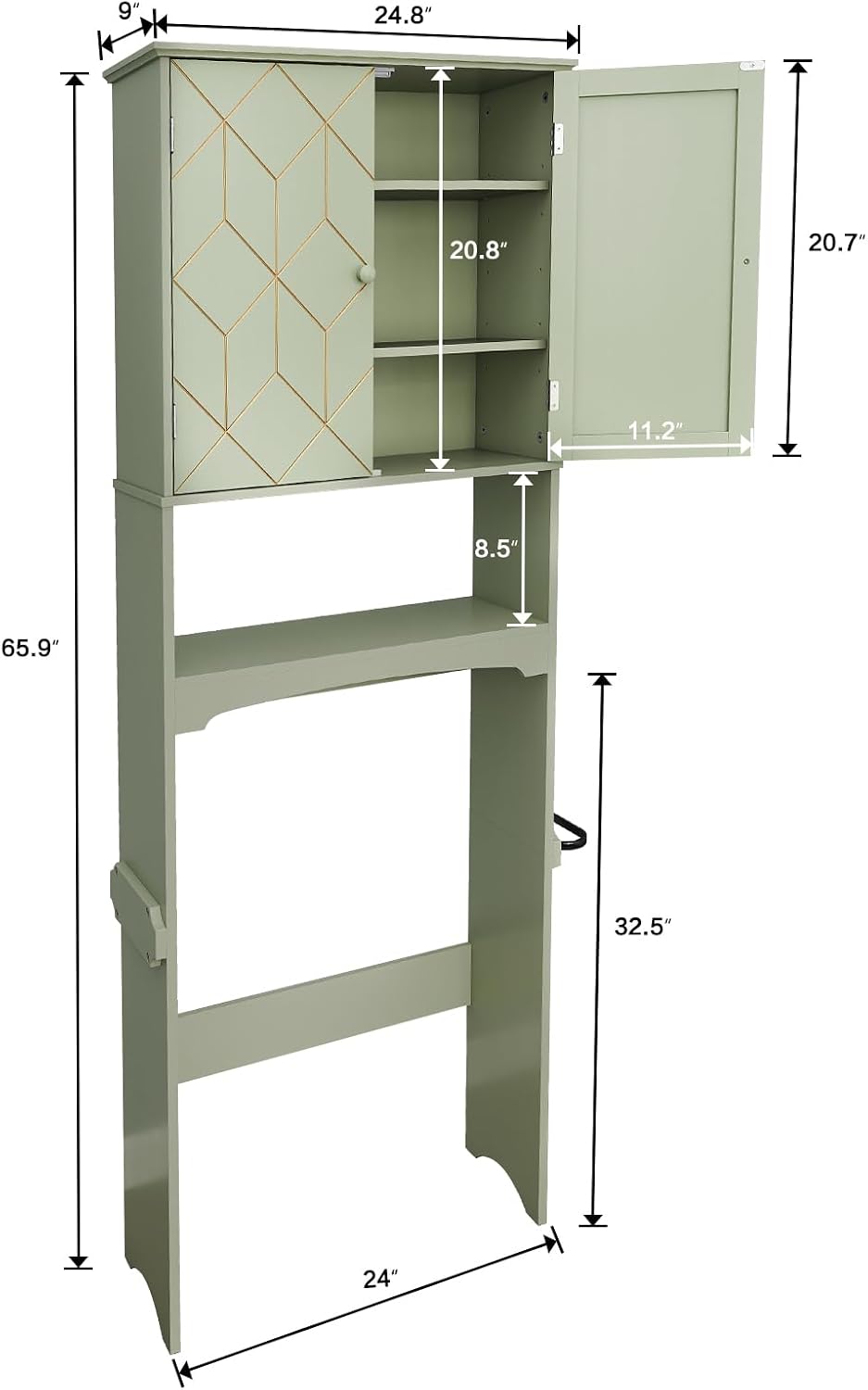 HLR Over The Toilet Storage Cabinet with Gold Trim, Over Toilet Bathroom Organizer with Adjustable Shelves and Toilet Paper Holder, Above Toilet Storage Cabinet Spacesaver for Bathroom (Green)