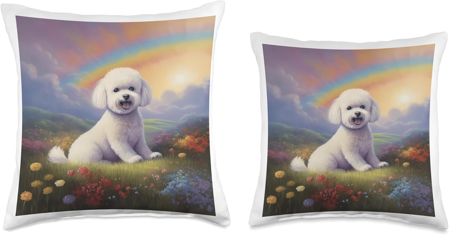 Bichon Frise Rainbow Bridge Colorful Dog Memorial Painting Throw Pillow