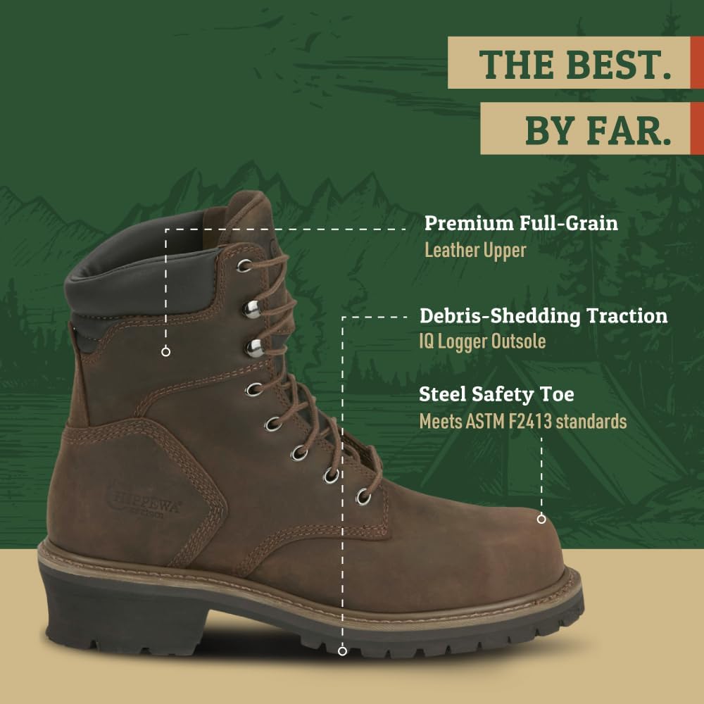 Chippewa Hador 8" Steel Toe Logger Boots for Men - Premium Full Grain Leather, Orthotic Insole, Metallic Shank, EH ASTM F2413 Standards - Image 3