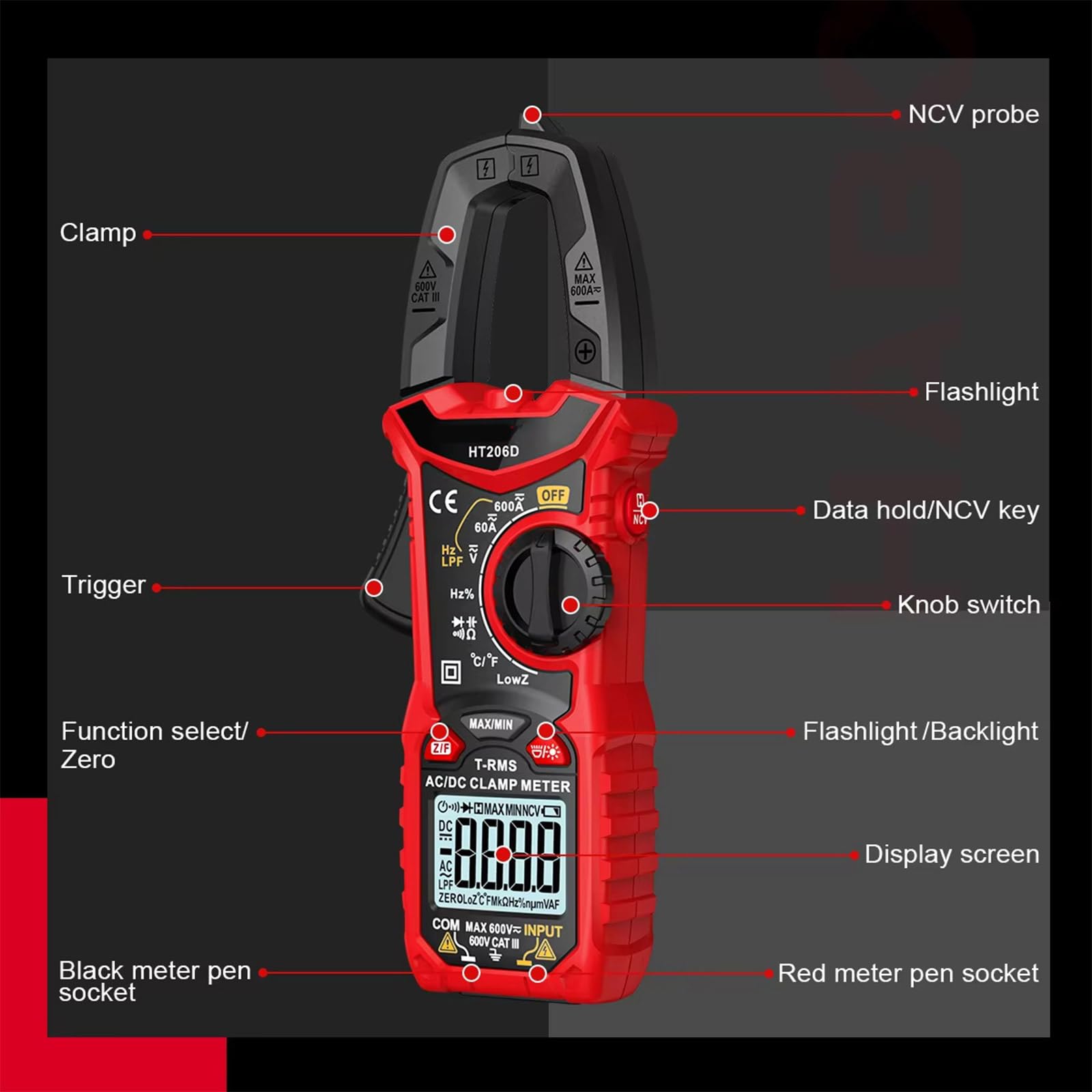 Multimetro a pinza HT206D con sonda per la sicurezza elettrica