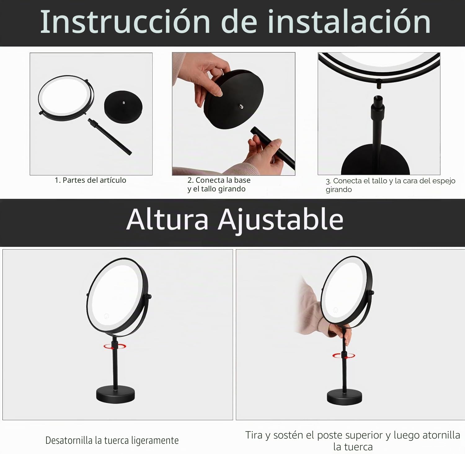 Nicesail Espejo Maquillaje con Luz - Espejo de Mesa Negro - Espejo Aumento 5X - Altura Regulable - Brillo Regulable - Luces de Tres Colores - Recargable - para Afeitado Baño,Diámetro 20 cm