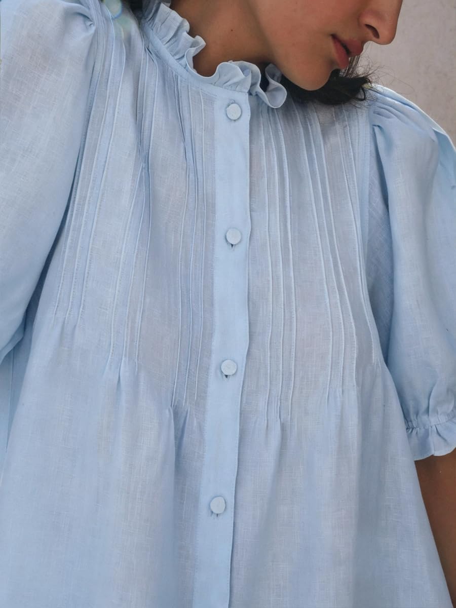 Women Ruffle Dress Puff Sleeve Button Down Pintuck Mini Dress image 4