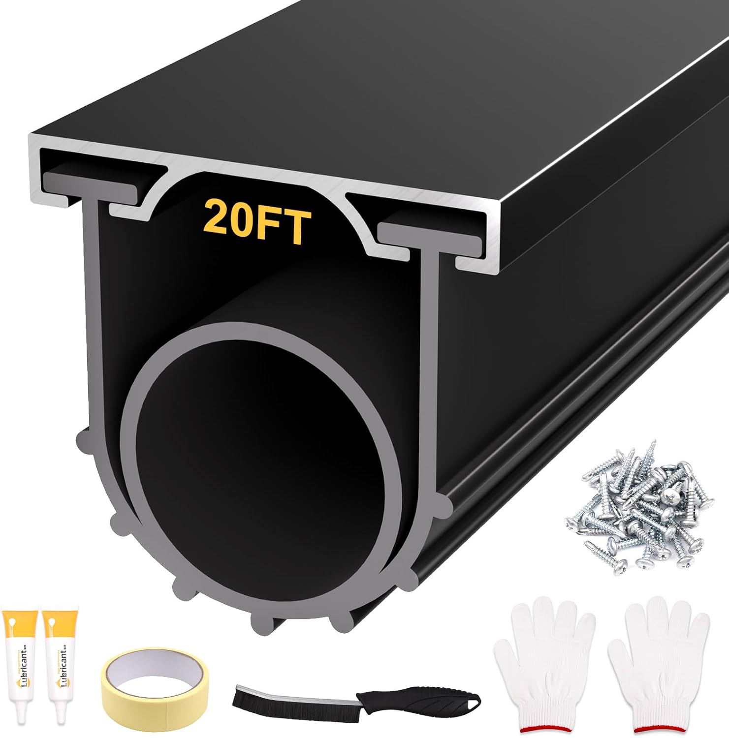 20FT Garage Door Seals Bottom Rubber, Heavy Duty U+O Ring Garage Door Bottom Seal with Aluminium Track Retainer Kit, Universal Garage Door Weather Stripping for Home Garage (1.57" W, Black)