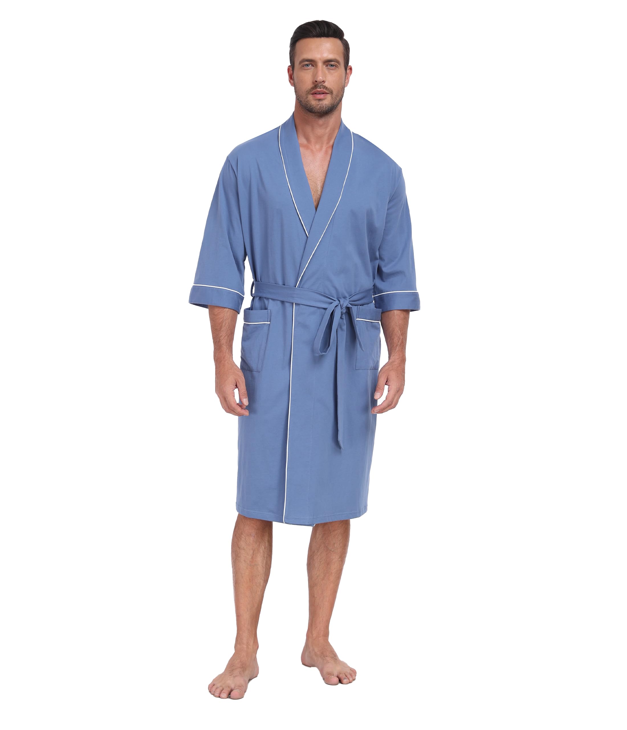 CF Men's Robe Cotton Bathrobe Soft Short Sleeve Bath Robes Shower Robe for Spa Soft Kimono Lightweight Sleepwear with Pockets