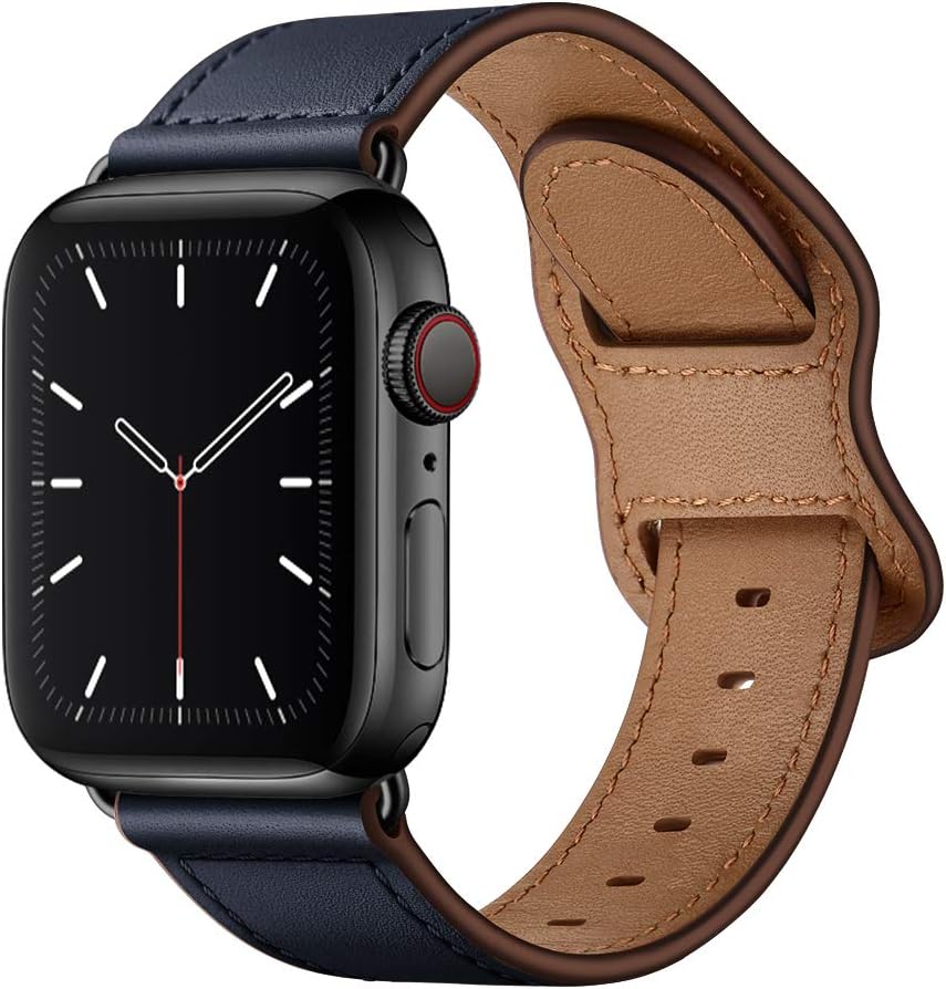 KYISGOS Compatible with iWatch Band 49mm 45mm 44mm 42mm, Genuine Leather Replacement Band Strap Compatible with Apple Watch Ultra SE2 SE Series 8 7 6 5 4 3 2 1 (Dark Blue/Black, 49mm/45mm/44mm/42mm)
