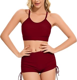 Women's High Waisted Bikini Sets Criss Cross Swimsuits Top with Drawstring Boyshorts Two Piece Tummy Control Bathing Suit Price In India