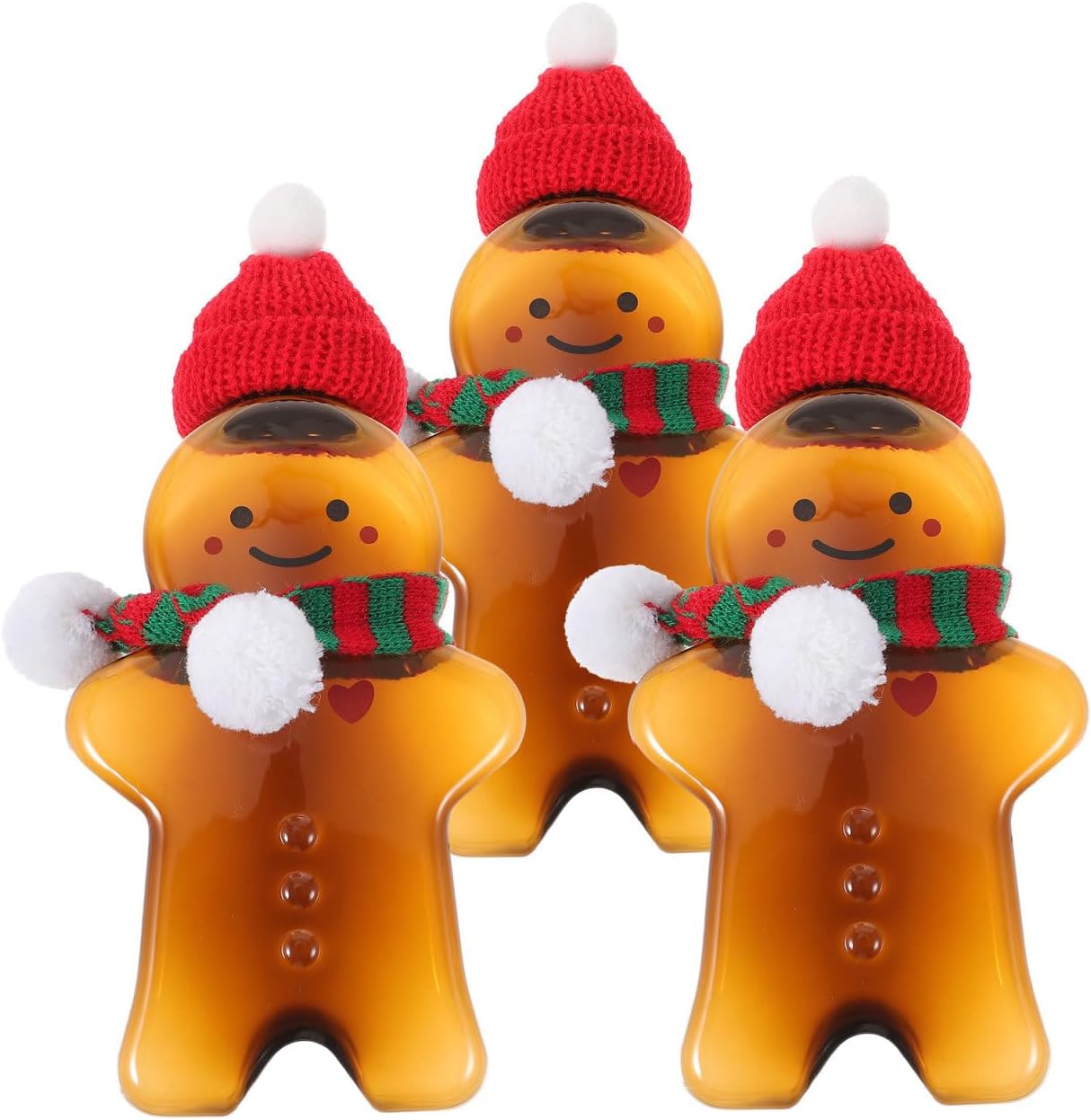 Kisangel 3 Sets Christmas Gingerbread Man Juice Bottles with Caps Reusable Plastic Beverage Containers with Hat and Scarf Decor for Holiday Party Favors and Packaging(Assorted Color 2)
