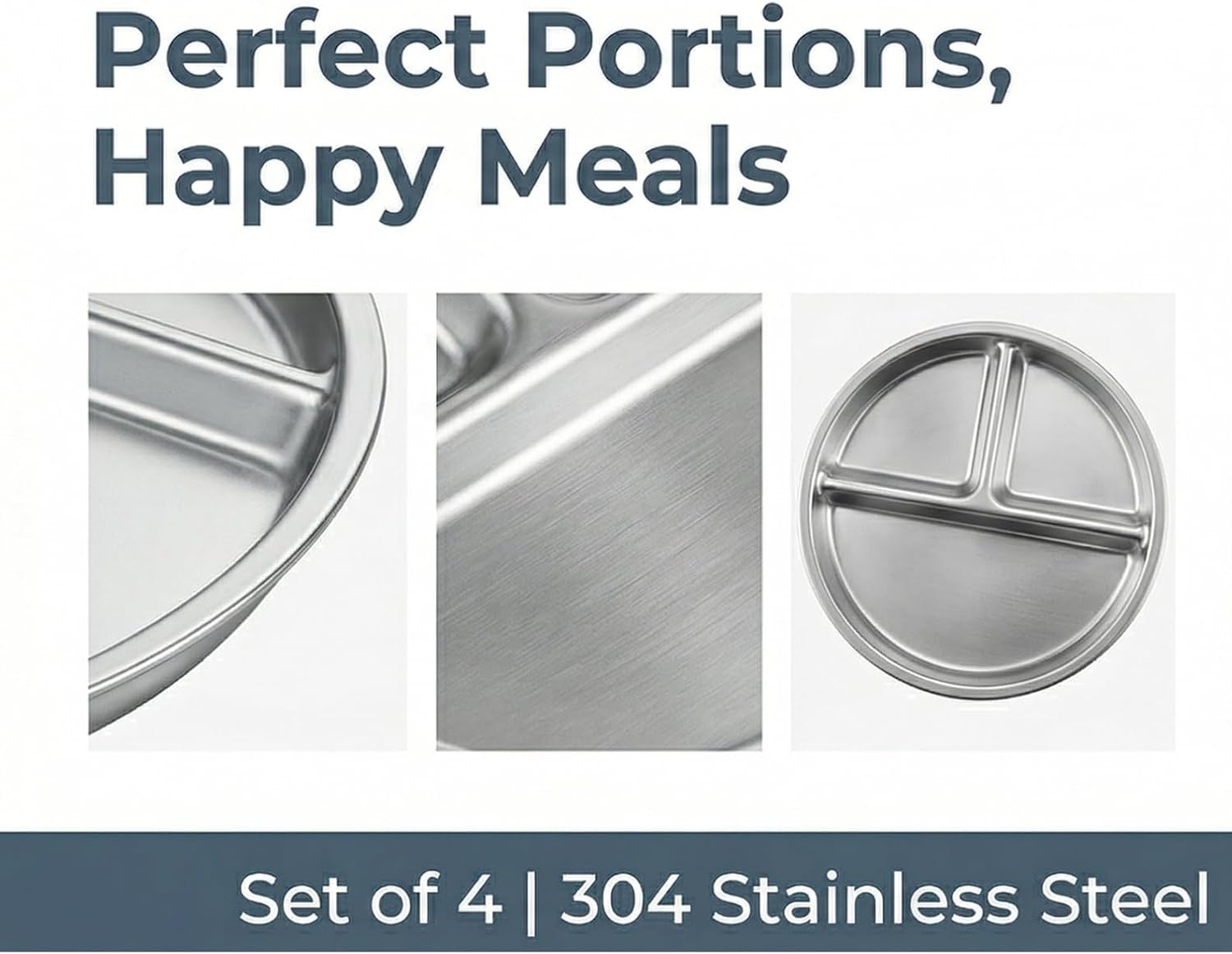 BEWBBAT 4 Pack 304 Stainless Steel Divided Plate, 8 Inch 3 Section Round Divided Plates Portion Control Plates Partition Plate for Adults, Camping, Picnic, Home, Silver