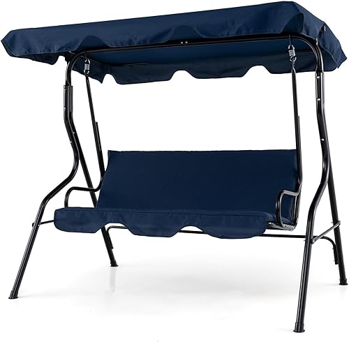 Miniatura 11 de Columpio de porche al aire libre, columpio de patio para 3 personas con cojín extraíble, soporte y toldo ajustable, silla columpio resistente para