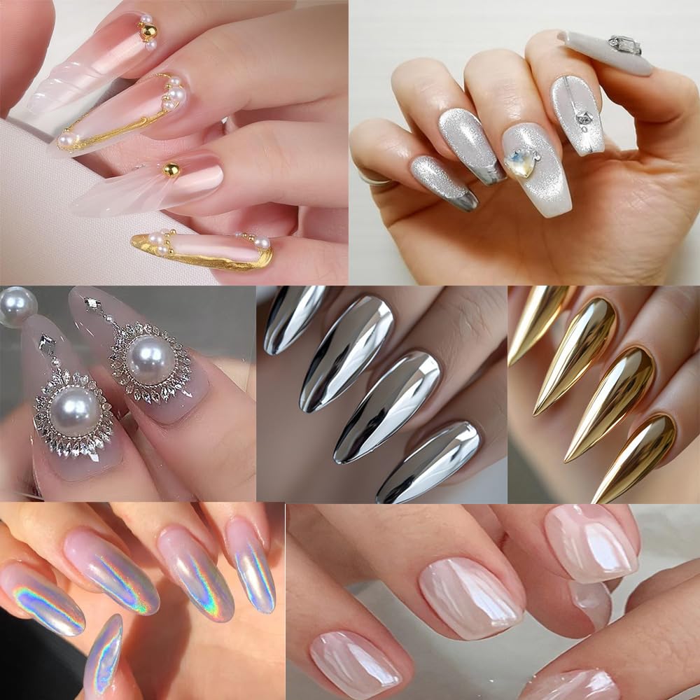 Chrome Nail Powder Kit with Flatback Pearl Nail Charms,Silver Chrome Nail Art Glitters Gold Chrome Nail Powder for Nail Art Design