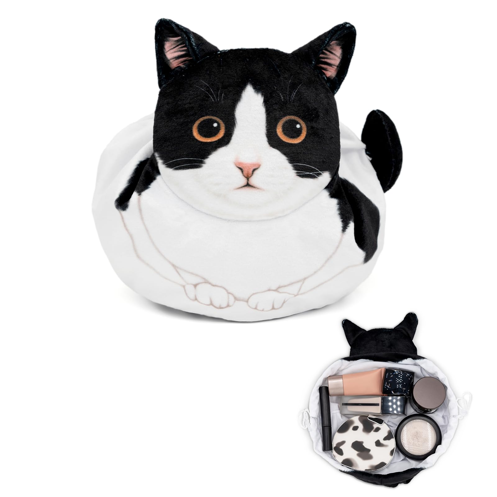 GKIOYRO Cute Kitty Drawstring Makeup Bag, Cat Themed Gift for Women Large Tuxedo Cat Cosmetic Bag