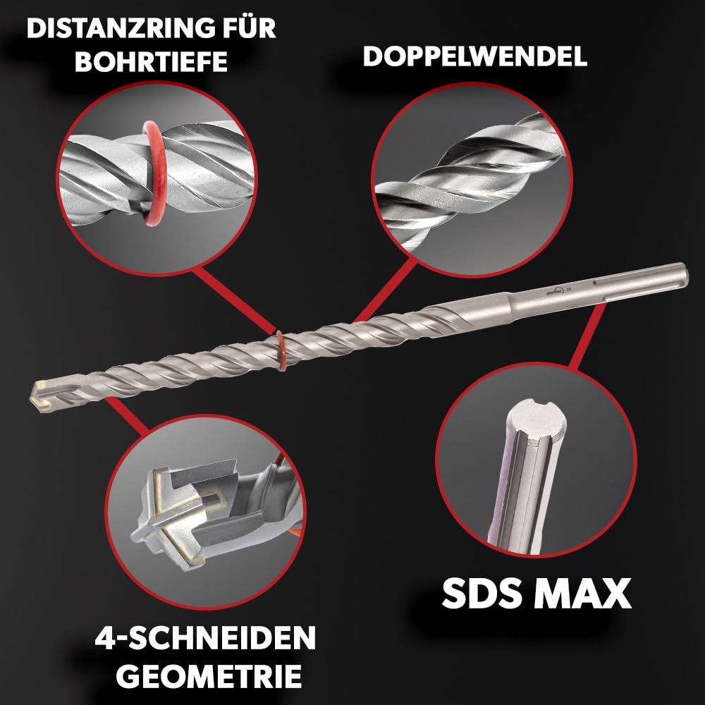 siwitec SDS MAX Bohrer- & Meißelset 7-teilig im Alu Case, 4 SDS Max Betonbohrer mit Distanzringen in verschiedenen Durchmessern, Spitzmeißel, Flachmeißel, Breitmeißel