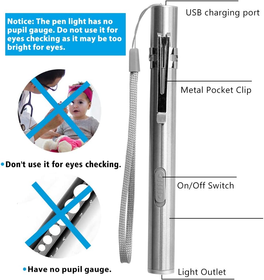 Premium Pen Lights for Nurses USB Rechargeable Nursing Penlight Flashlights 2 Pack White/Yellow Light for Medical Students Doctors Stainless Steel Body