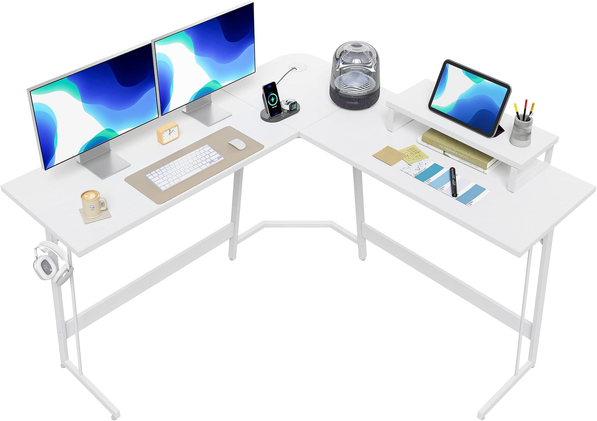 CubiCubi L Shaped Gaming Desk, 47 Inch Computer Desk with Monitor Stand, PC Gaming Desk, Corner Desk Table for Home Office Sturdy Writing Workstation, White