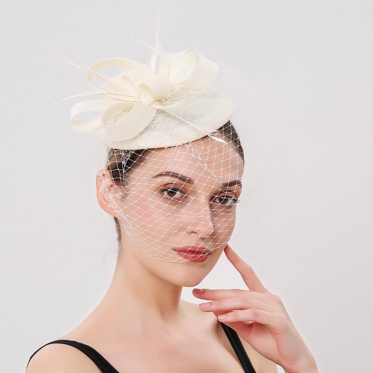 Holibanna Mesh Veil Headband with Plumage Flowers, Tea Party Style Hat for Women, Banquet Headdress Hair Clip in Light Cream, Special Occasion Accessory