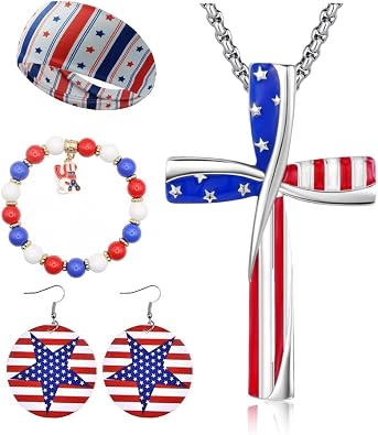 Patriotic Jewelry Set with American Flag Cross Necklace, Bracelet, Earrings, and Hair Accessories, Red, White, and Blue, Excellent Independence Day Jewelry