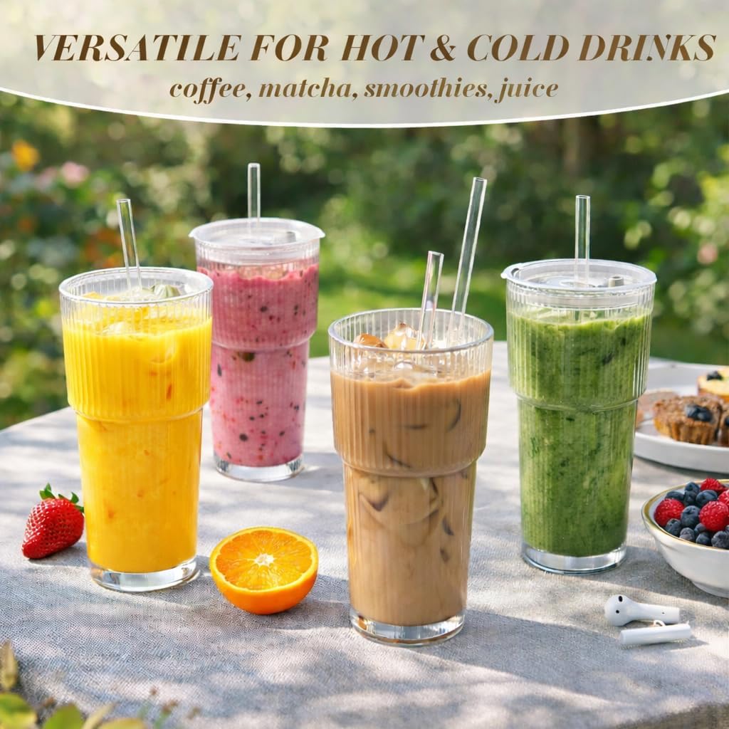 2 Pack Glass Cups with Lids and Straws Ribbed Drinking Glass Iced Coffee Cup Clear Tumbler for Water Juice Smoothie Beer Kitchen Home Use