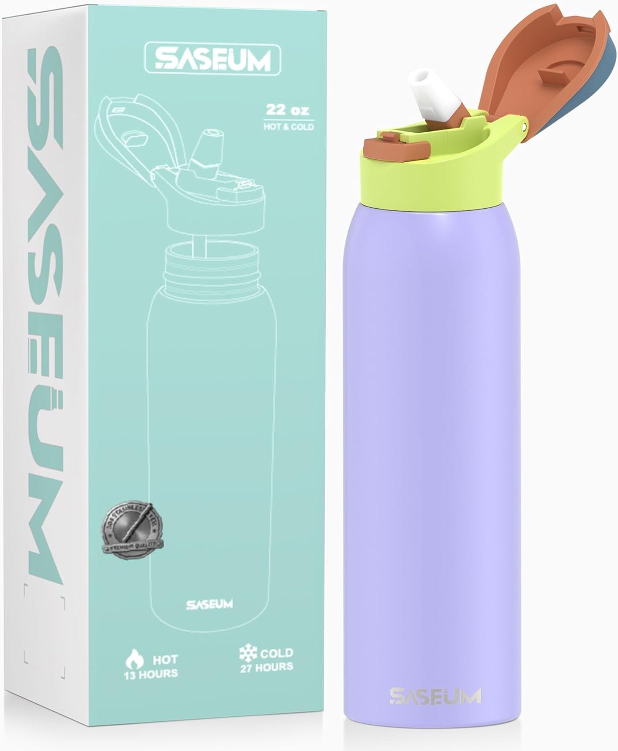 Saseum Water Bottle with Straw, 24 oz Free-Sip Double-Wall Vacuum Insulated Stainless Steel Bottle, One-Click Open Design with Soft Silicone Spout, BPA-Free, Ideal for School, Sports & Travel