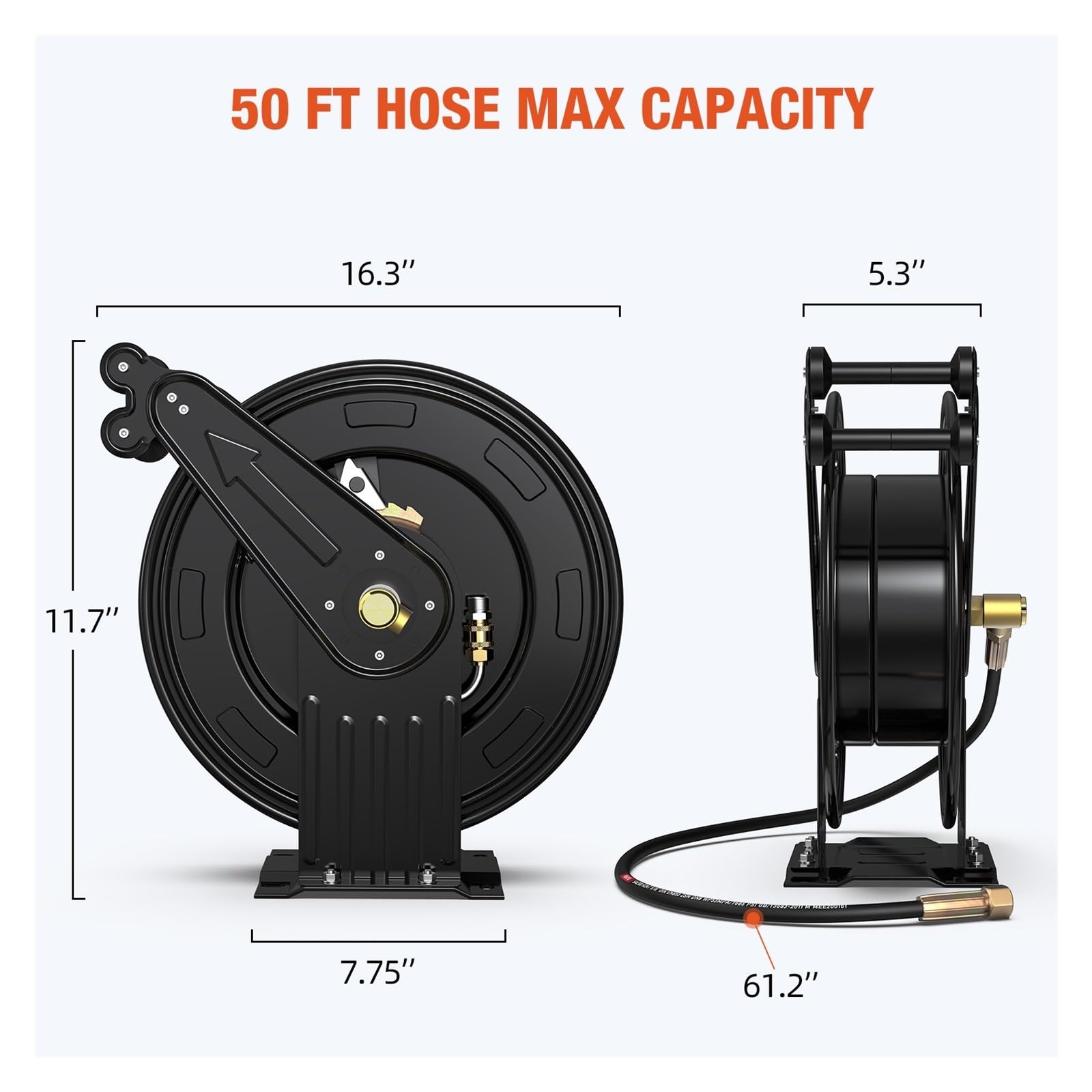 Enrouleur De Tuyau Rétractable For Nettoyeur Haute Pression, 50 Pi X 3/8 Po, En Acier Robuste, Double Bras, 300 Psi,Résultats Fiables