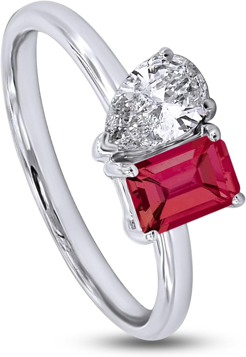 SAVEARTH DIAMONDS Toi Et Moi Engagement Rings for Women, Emerald Shape Ruby Lab Grown Gemstone & Pear Lab Created Moissanite Diamond 2-Stone Solitaire Promise Ring In 14K Gold Over Sterling Silver