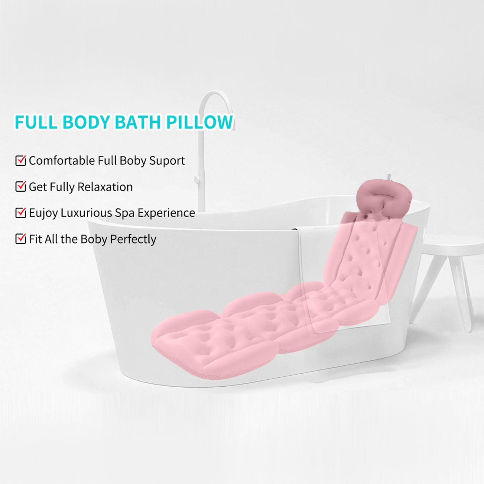 Sxhlseller Cuscino da Bagno per Tutto il Corpo Comodo Design Ergonomico Previene lo Scivolamento per Adulti Spa con Ventose per Vasca da Bagno Hot Springs Mesh 50 Pollici (PINK)