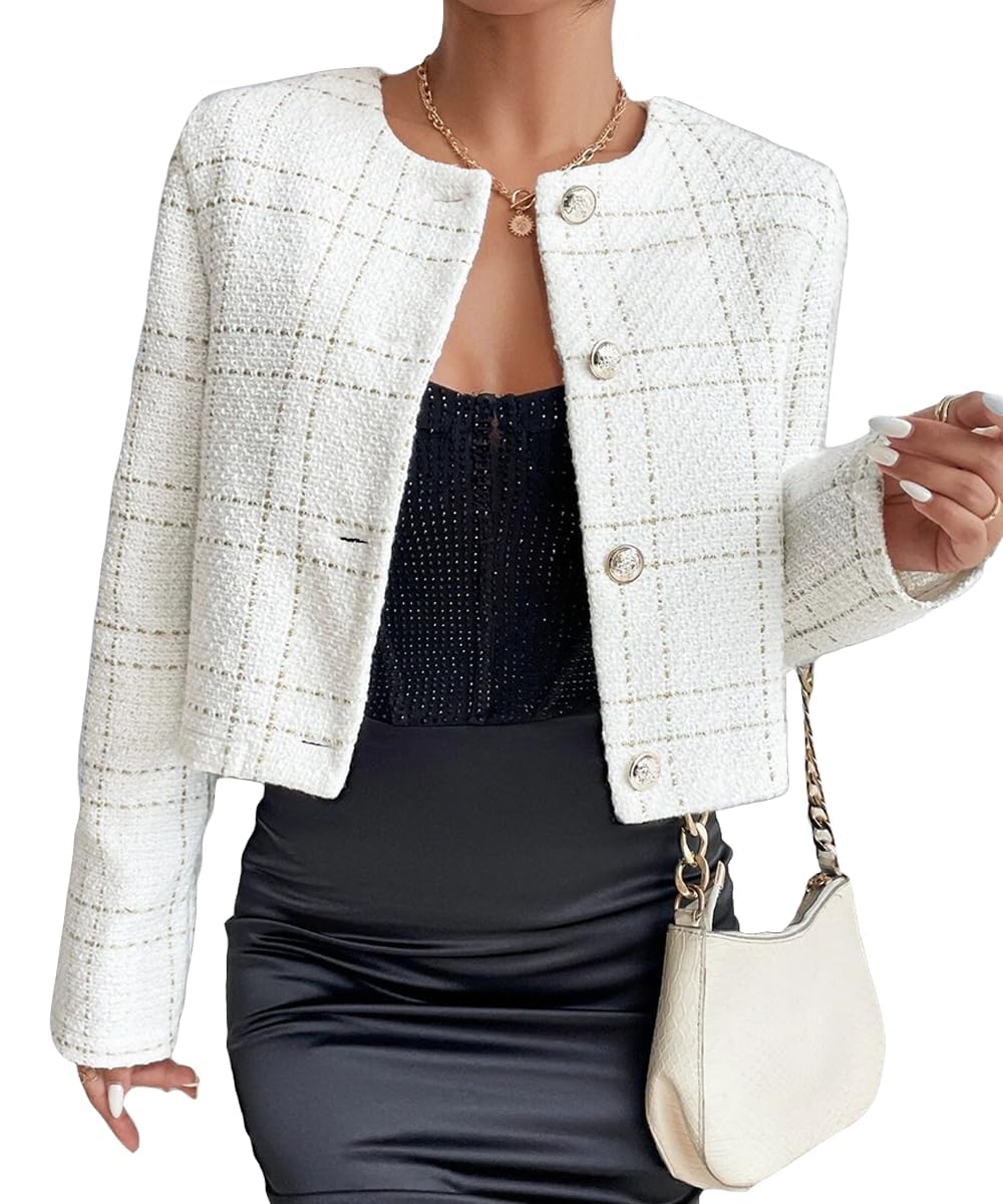 Mina Self 2025 Fall Womens Tweed Blazer Jacket - Collarless Plaid Cropped Open Front Casual Fashion Office Suit