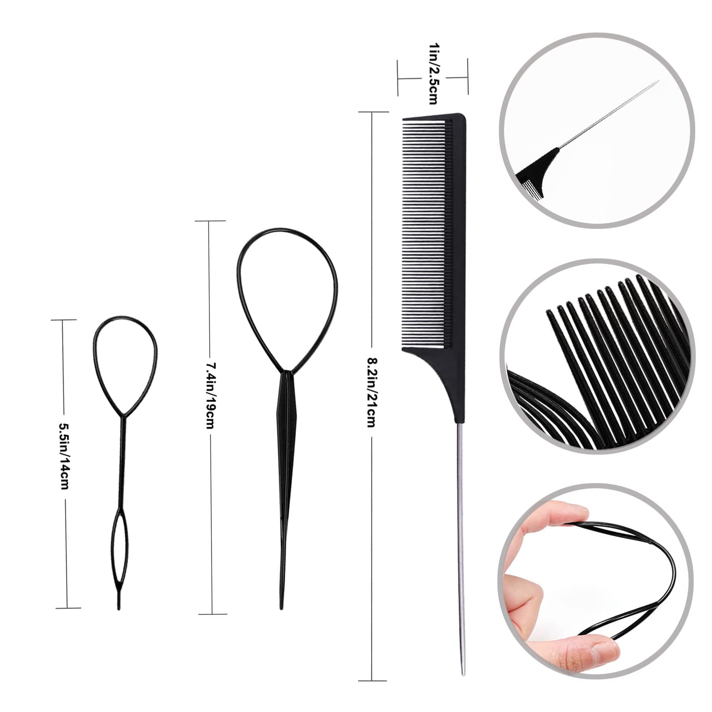Hair Tail Tools, 6 Pcs Topsy Hair Loop Styling Set, 4 Pcs French Braid Tool Loop, 2 Pcs Tail Braiding Combs, 50 Black Rubber Bands