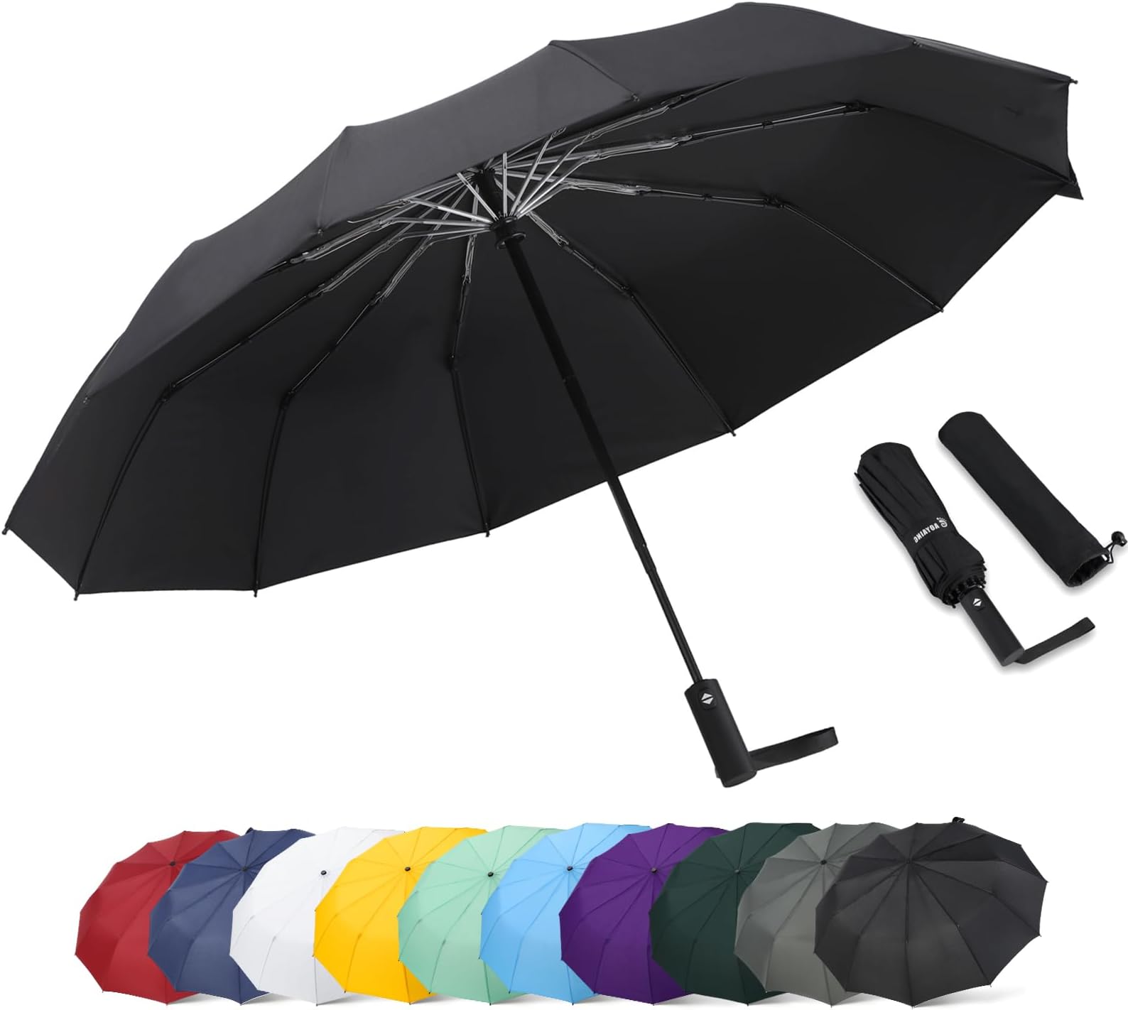 46 Inch Large Automatic Travel Umbrella with 12 Ribs Windproof Design Heavy Duty Strong 210T Pongee Fabric Folding Umbrella with Sleeve UV Protection Black