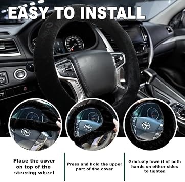 ZONETECH Black Sheepskin Steering Wheel Cover and Seat Belt Shoulder Pad Plush Stretch On Vehicle Sheepskin Steering Wheel Cover Classic Black Car Wheel Protector