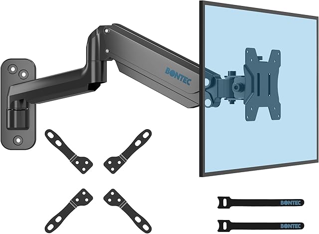 BONTEC Monitor Wall Mount for 13-42 Inch Screens, Gas Spring Wall Monitor Arm Holds Up to 8kg, Adjustable Tilt Swivel Wall Monitor Mount, Single Arm with VESA Extension Kit Fit VESA 75/ 100/ 200