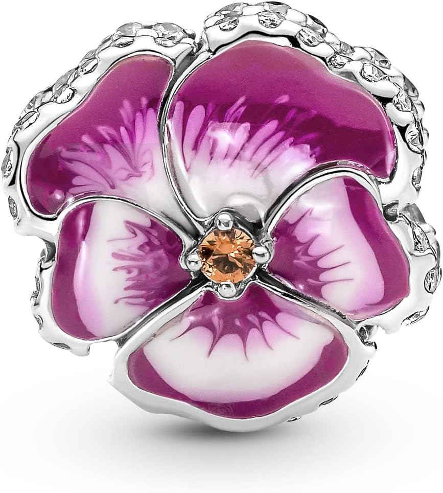 Pulsera con dije de flor de pensamiento rosa, pulseras con dijes para momentos, impresionante joyería para mujer, regalo para mujeres en tu vida, hecha con plata de ley, circonita cúbica y esmalte