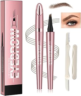 Precision Eyebrow Pen Set with 4 Multi-Tip Brow Pencils - Includes Natural Brown Tint, Spoolie Brush, Angled Tip, Fine Liner, Bonus Comb, Rose Gold Barrel for Defined, Long-Lasting Brows