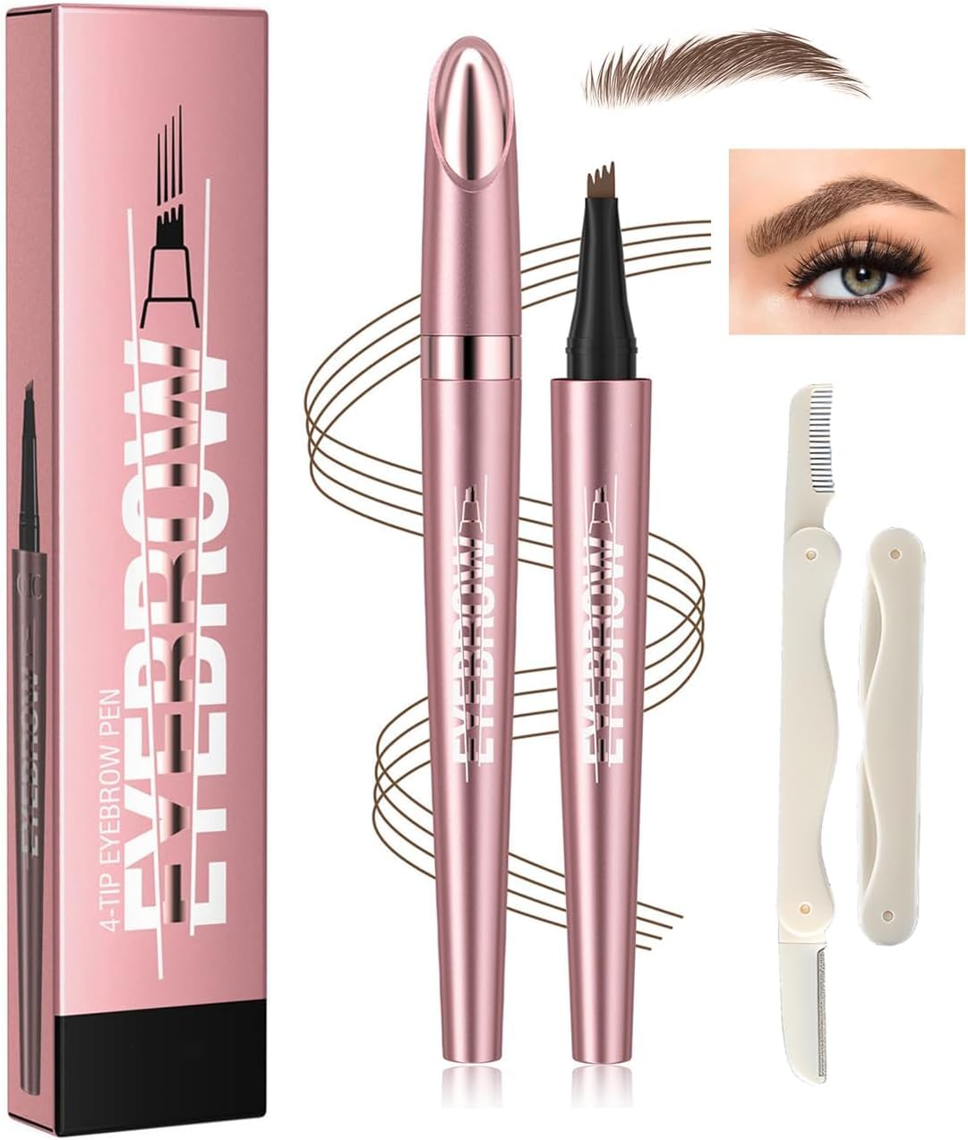 Precision Eyebrow Pen Set with 4 Multi-Tip Brow Pencils - Includes Natural Brown Tint, Spoolie Brush, Angled Tip, Fine Liner, Bonus Comb, Rose Gold Barrel for Defined, Long-Lasting Brows