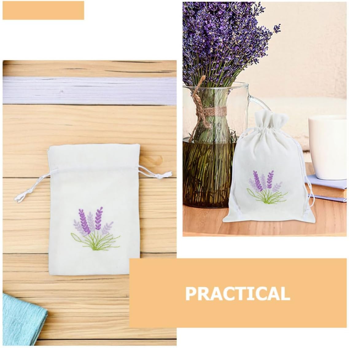 Small Drawstring Sachet Bags Multipurpose Storage Pouches Breathable Canvas Material 8pcs with Lavender Pattern 10x14cm for Wedding Party Supplies and DIY Aromatherapy Crafts
