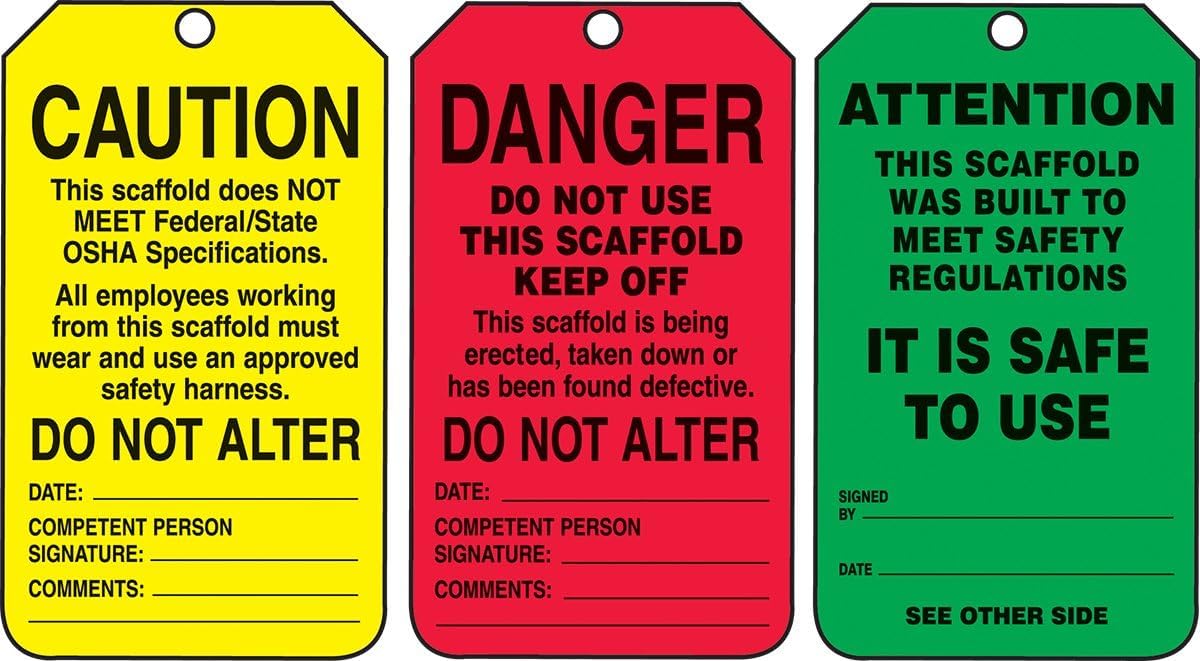 AccuformNMC Danger/Caution/Attention, Pack of 25 PF-Cardstock Scaffold Status Tag, Legend, 5.75" x 3.25", Black on Green/Yellow/Red, TSS200CTP, American Made Safety Tags, Signs, and Labels