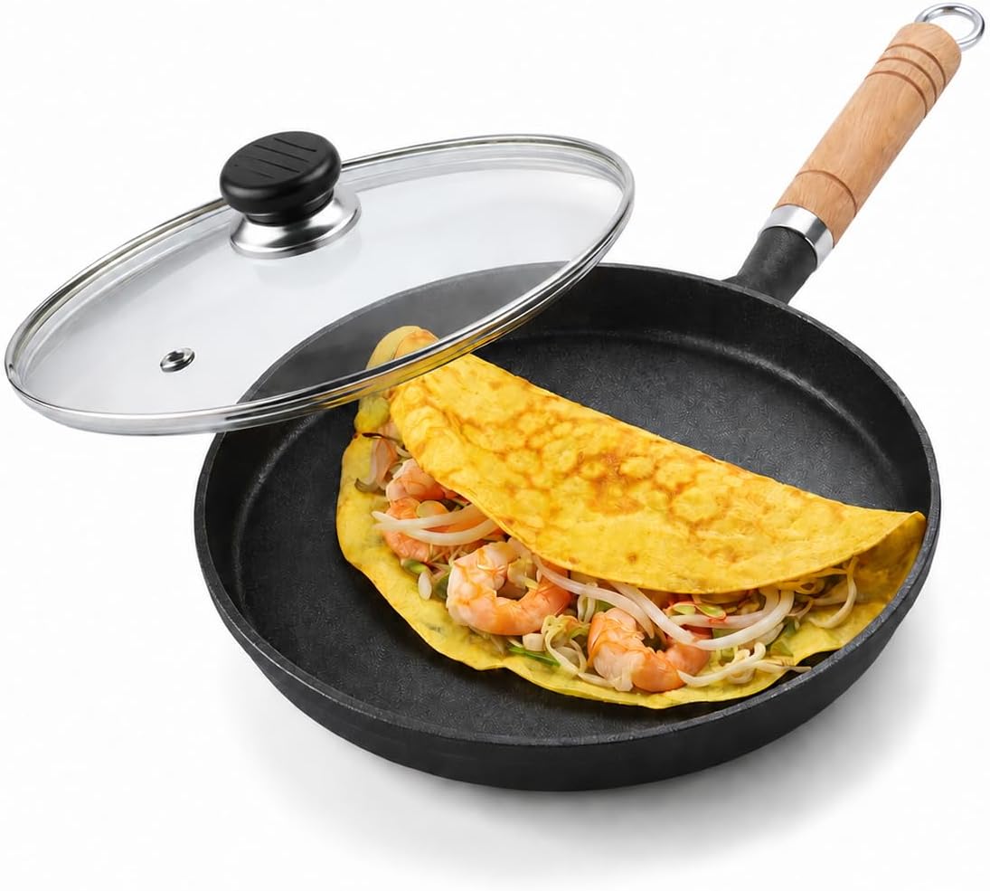 Banh Xeo Pan with Lid – 9 in (23cm) Cast Iron Vietnamese Pancake Pan, Low-Sided Crepe Pan with Wooden Handle, Flat Dosa Tawa and Tortilla Comal for Home Cooking, Stovetop Breakfast