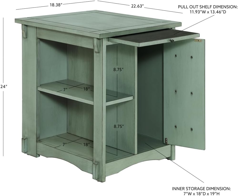 Linon Parnell Storage Side Table/Cabinet with Pull Out Shelf in Teal Wood
