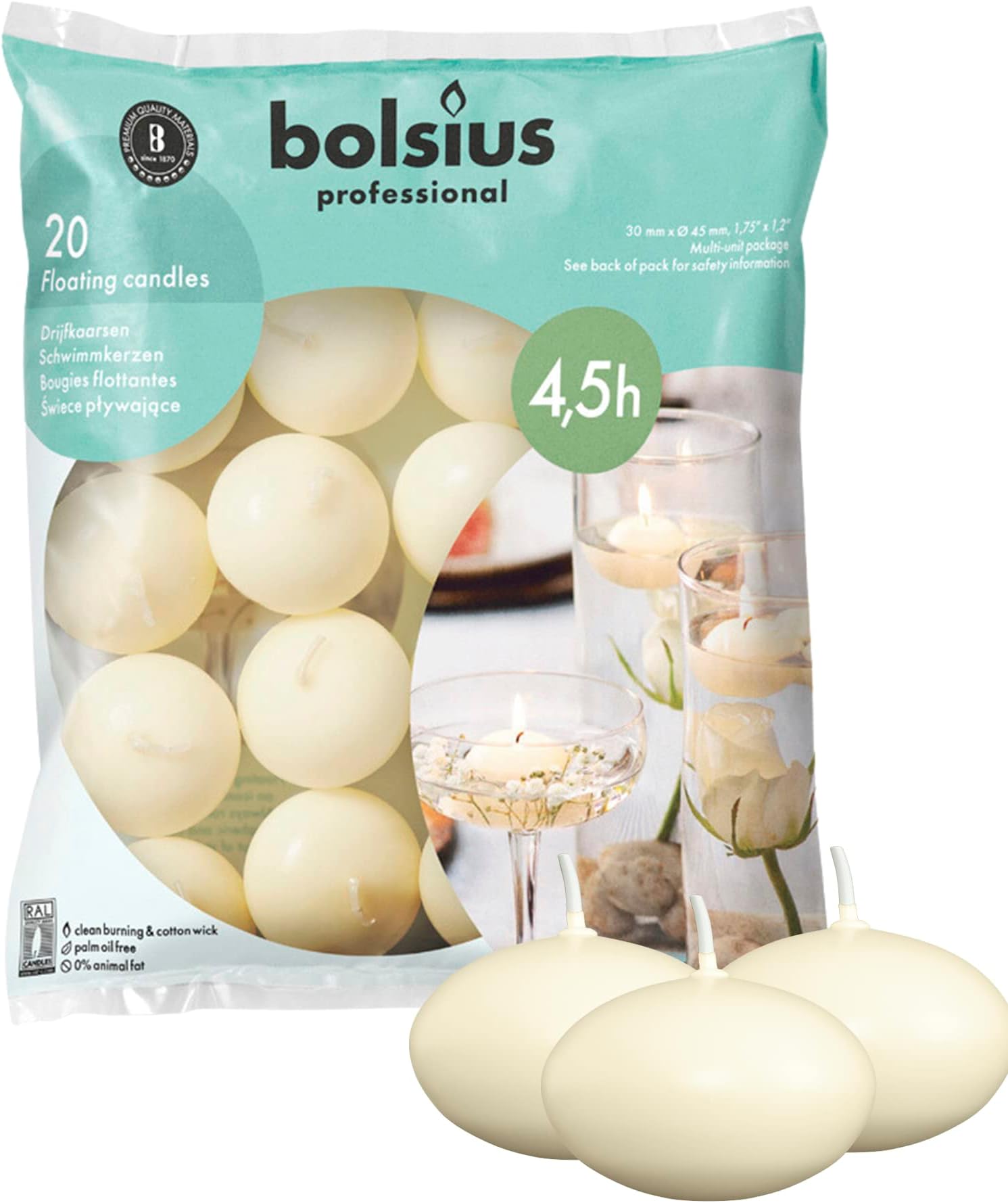 Bolsius Floating Candle - Ivory - Bag of 20 - Long Burning Time of 4 Hours - Clean Burn - Interior Decoration - Vegan Wax - 3 x 4.5 cm
