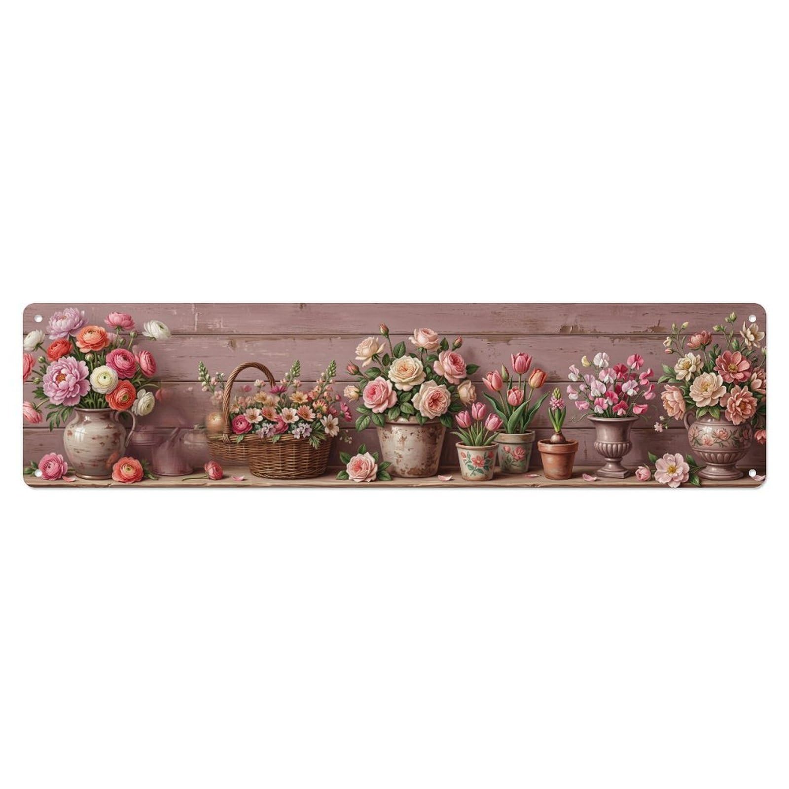 Fqnyr Style Metal Tin Sign Garden Tools Vintage Peony Ranunculus Florist Pattern