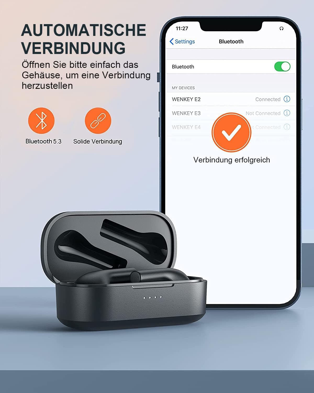Screenshot of a phone's Bluetooth settings showing 'WENKEY E2' as connected, illustrating automatic pairing.