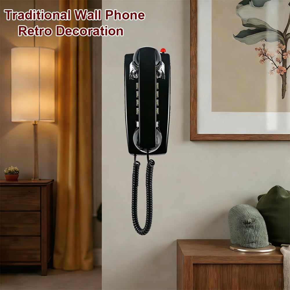 Traditional Wall Phone (Hearing Aid Compatible),2554 Wall Telephone Ringing Indicator,Retro Wall Phones for Landline Mechanical Ring,Old Wall Mount Telephone for School,Home,Kitchen,Black