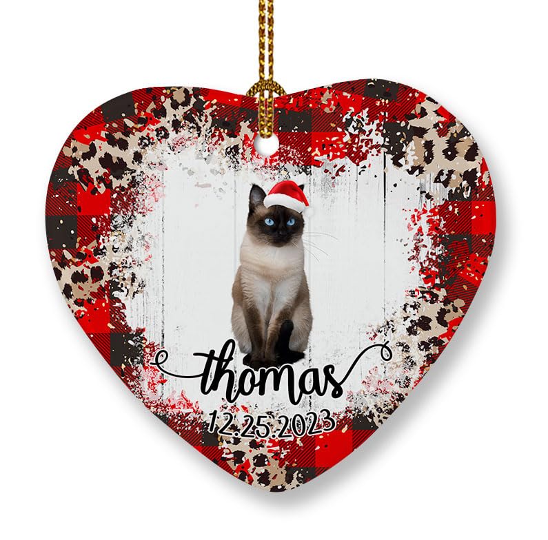 Prezzy Balinese cat Gifts Personalized Christmas Ornament w/Name & Date Animal Lover Gift for Friends Family Hanging Holiday Xmas Tree Decor Heart Shaped Ceramic Ornaments Keepsake 3 Inch