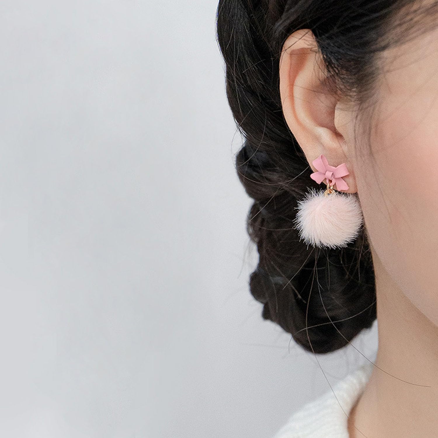 Pink Bow Pom Pom Earrings for Women Pink Blue Fluffy Pom Bowknot Earrings Winter Earrings Christmas Party Jewelry Gifts for Women - Image 2