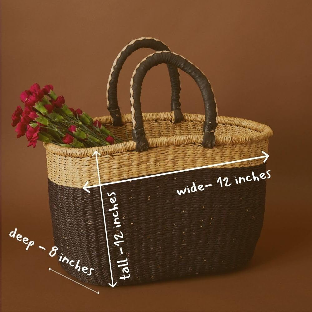 Black Color Market Basket, Reusable Grocery Tote, Picnic, Beach, Farmers Market, Garden Harvest, Vegetables Fruit Picking, Foraging, Kitchen Countertop Produce Holder, Leather Handles, Handwoven - Image 5